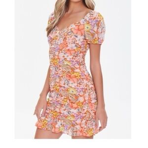 NWT Floral/Tropical Orange Ruched Ruffled Dress- Medium